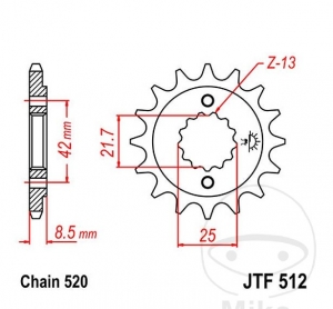 Μπροστινό γρανάζι JTF512.16 (βήμα 520) - Kawasaki ER 500 C Twister / KLE 500 B / ZR 550 B Zephyr / ZX-7RR 75