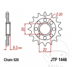 Μπροστινό πινιόν JTF1446.14 (βήμα 520) - Kawasaki KX 250 F ('06-'19) / 4T ('20) / C ('21-'22) / X ('21-'22) -