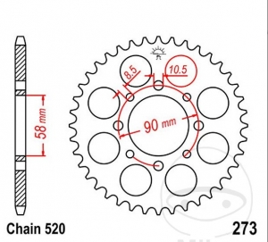 Πίνακας πίσω JTR273.45 (βήμα 520) - Honda CA 125 Rebel / VT 125 C-C2 Shadow / XL 125 V / KTM Duke 125 / ABS / 200