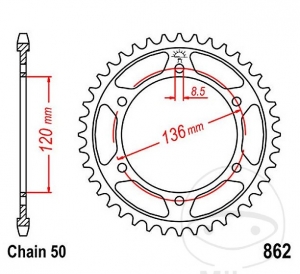 Πίνακας πίσω JTR862.38 (βήμα 530) - Yamaha RD 500 LC YPVS ('85-'86) / XJ 600 H ('91-'98) / XJ 600 N ('91-'98) - J