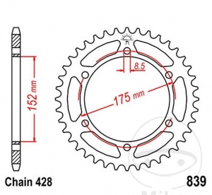 Πίσω πινιόν JTR839.52 (βήμα 428) - Yamaha DT 125 R - RE - RE MX Everts - RH - RN 80 Km/h - X / WR 125 R - X - JM