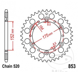 Πίσω πινιόν JTR853.52 (βήμα 520) - Yamaha WR 426 F - WR 450 F / XT 500 -S Edition / YFM 350 X Warrior / YFM 660 R 