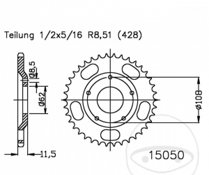 Задна пиньон Esjot черен - 53 зъба (стъпка 428) - Sachs X-Road 125 ('05-'06) / XTC 125 4T ('02-'07) - 