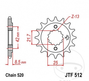 Преден пиньон JTF512.13 (стъпка 520) - Kawasaki BJ 250 A Estrella / BJ 250 C Estrella / EN 500 C / ER 500 A / 