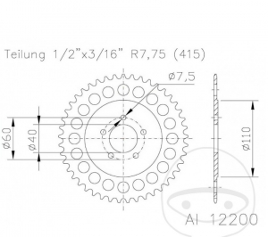 Achtertandwiel Esjot - 43 tanden (stap 415) - Husqvarna CR 50 ('11-'14) / SM 50 ('111-'16) / KTM SX 50 LC ('09-'13) - JM