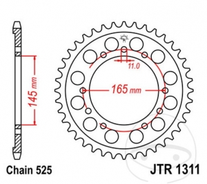 Achtertandwiel JTR1311.43 (stap 525) - Honda NT 400 Bros ('88-'90) / NT 650 GT Hawk/Bros ('88-'90) / VFR 400 R ('87) - JM