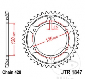 Achtertandwiel JTR1846.46 (stap 428) - Yamaha FZR 400 RR / RRSP / TDR 125 / H / TDR 125 N / XT 250 - JM