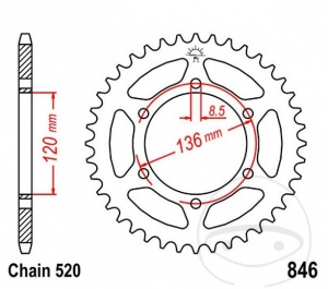 Achtertandwiel JTR846.39 (stap 520) - Yamaha RD 350 LCH - LC - LCF - LCFH - LCFN - LCN YPVS / SRX 600 - H - N / SZR 660 - JM