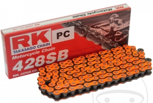 Cadena RK naranja neón OR428 SB/128 - Beta RE 125 / Kawasaki KX 125 A / Rieju Marathon 125 AC / Suzuki DR-Z 125 L - RK