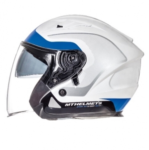 Casque de moto ouvert MT Avenue SV Crossroad blanc/bleu brillant (visière solaire intégrée)