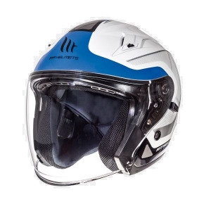 Casque de moto ouvert MT Avenue SV Crossroad blanc/bleu brillant (visière solaire intégrée)