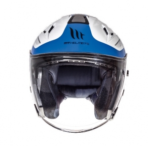 Casque de moto ouvert MT Avenue SV Crossroad blanc/bleu brillant (visière solaire intégrée)