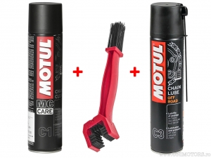 Chain Maintenance Kit - Motul C1 400ML Chain Cleaner Spray - Chain Cleaning Brush - Motul Offroad C3 400ML Chain Lube Spray