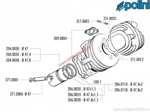 Cilinderset (diameter 47mm / 75cc) - 140.0054 - Piaggio APE 50 / APE Car P50 / APE Mix 50 / APE TM P50 / APE Web 50 2T - Polini