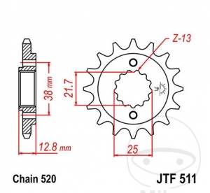 Első hajtókerék JTF511.16 (520 lépés) - Kawasaki KL 650 B / Kawasaki KLR 650 A / KLR 650 C / KLX 650 C / KLX 650 R - RK