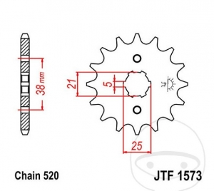 Front pinion JTF1573.14 (pitch 520) - Sachs Roadster 125 V2 / Yamaha XV 125 H / N / SH / SN / YFM 350 R / X / YZ 250 - JM