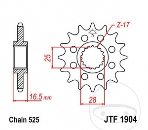 Front sprocket JTF1904.15 (pas 525) -  KTM Adventure 1050 / 1090 / L ABS / R / 1190 / R / 950 LC8 / S / 990 LC8 / R / S - JM