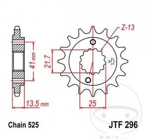 Front Sprocket JTF296.16 (pitch 525) - Honda NT 400 Bros / NT 650 GT / NV 400 C / VT 600 C / XL 600 V / XL 700 V / XRV 650 - JM