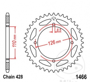 Hátsó fogaskerék JTR1466.46 (428-as lépés) - Kawasaki KLX 125 C / Kawasaki KLX 125 D D-Tracker / KX 65 A - JM