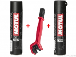 Kettenpflege-Set - Motul C1 400ML Kettenspray Reiniger - Kettenreinigungsbürste - Motul Road C2 400ML Kettenspray Schmiermittel