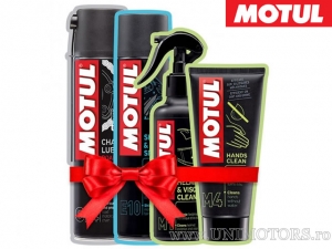 Kit de manutenção de motocicleta - Motul M1 Limpa capacete e viseira / E10 Brilho e Proteção / M4 Limpa mãos / C2+ Lubrific