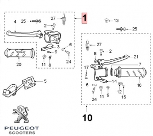 Palanca de freno izquierda + palanca de arranque - Moped Peugeot 103 MVL E / 103 SPX / Vogue LE / S2 / SE / SX / VSX 2T 50cc - P