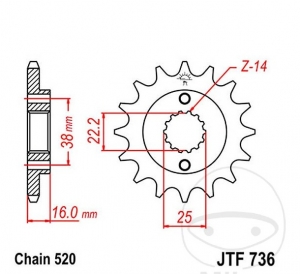 Piñón delantero JTF736.16 (paso 520) - Ducati 748 748 R Sport Production / 748 S Biposto/Monoposto / 748 748 SP Sport Producti