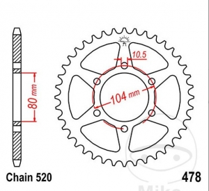 Piñón trasero JTR478.42 (paso 520) - Kawasaki EL 250 B Eliminator / 250 D Eliminator / 250 E Eliminator / 252 F Eliminator - J