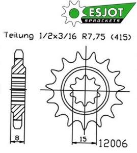 Pignon avant 12 dents pas de chaîne 415 - Aprilia Red Rose Classic ('92-'93) / Red Rose ('95-'99) 2T LC 50cc - ESJOT