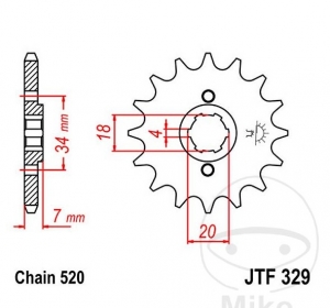 Pignon avant JTF329.14 (pas 520) - Honda CA 125 Rebel ('95-'00) / MTX 200 RW ('95-'00) / TLR 200 Reflex ('86-'87) - JM