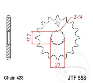 Pignon avant JTF558.15 (pas 428) - Kawasaki Ninja 125 A / B / Z 125 K / L / Sachs XTC 125 / XTC-N 125 / ZX - ZZ 125 - JM