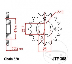 Pignone anteriore JTF308.13 (passo 520) - Aprilia Pegaso 650 ie Factory / 650 ie Strada / ie Trail / 650 ie Tundra / XT 660 R - 