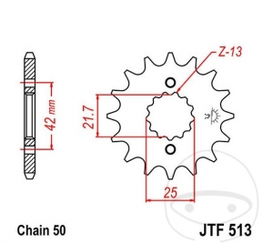 Pignone anteriore JTF513.16 (passo 530) - Kawasaki Z 250 J / Z 250 A / Z 305 A GP / Z 400 J / Z 550 H GP / Z 400 M GP / Z 500 B 