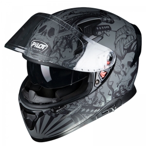 PILOT - Full-face Helmet SNAKE SKULL (with sun glasses), matte black [S]