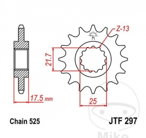 Pinhão dianteiro JTF297.15 (passo 525) - Honda CB 500 / CB-1 400 F / CBF 500 / CBR 250 RR / CBR 400 RR / RVF 400 R / VFR 400 RI