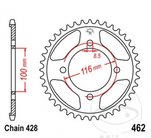 Pinhão traseiro JTR462.51 (passo 428) - Kawasaki KX 80 R 17/14 polegadas / KX 80 T 19/16 polegadas / 80 W 17/14 polegadas / 85 