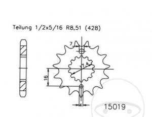 Pinion fata Esjot - 15 dinti (pas 428) - MZ/MUZ RT 125 / Classic / SM 125 / SX 125 / Yamaha SR 250 / SR 250 SP - JM