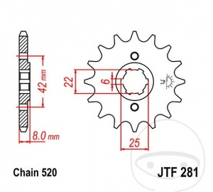 Pinion fata JTF281.16 (pas 520) - Honda CB 250 K / CB 350 F / CB 360 G / CB 400 A / CB 450 N / CB 500 T / CJ 250 T - JM