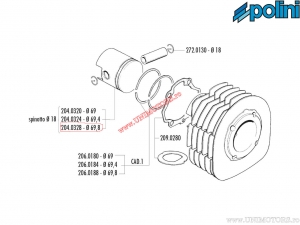 Pistone (diametro 69,8mm / perno del pistone 18mm) - Piaggio Ape 601 V / Ape Car P2 / Ape P 501 / Ape TM 703, P602 - Polini