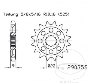 Vorderes Ritzel Esjot - 16 Zähne (Teilung 525) - Benelli 752 750 S / Leoncino 800 ABS / TNT 1130 / R160 / Sport / Sport Evo - J